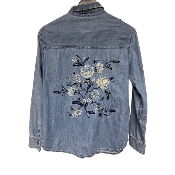American Eagle Women's Denim Shirt Button Floral Embroidered Long Sleeve Small - Picture 1 of 9